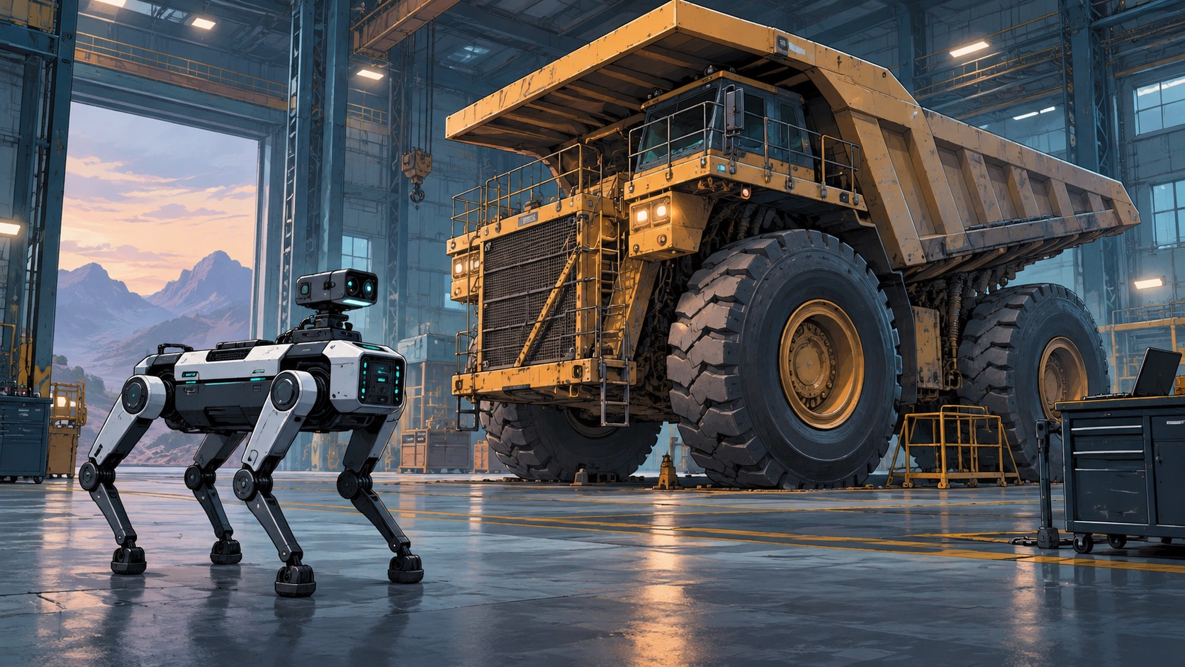 Conceptual legged inspection robot beside industrial equipment; not an ANYmal X product photograph