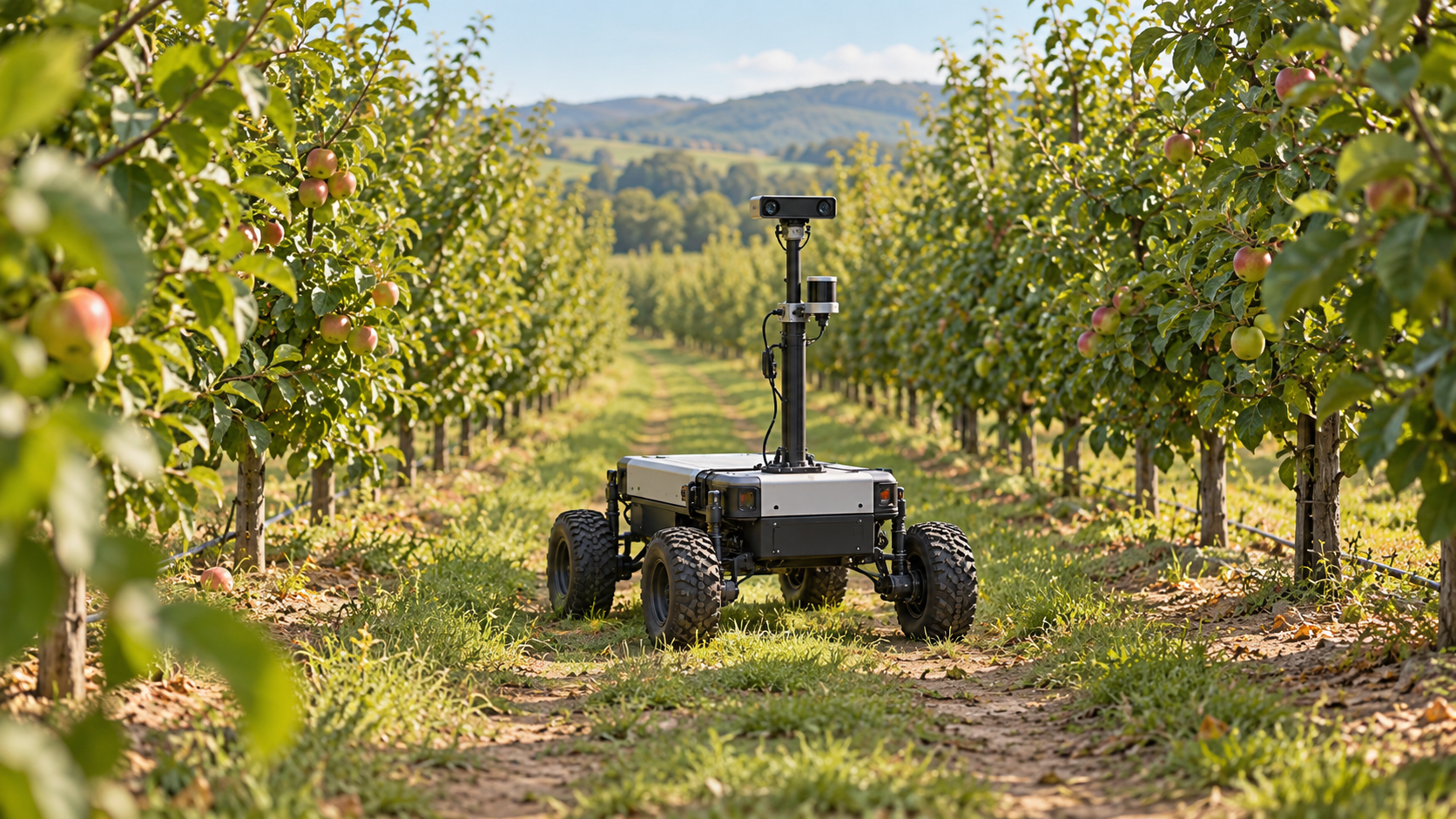 Conceptual wheeled sensor cart between orchard rows; not Reservoir equipment or its planned site