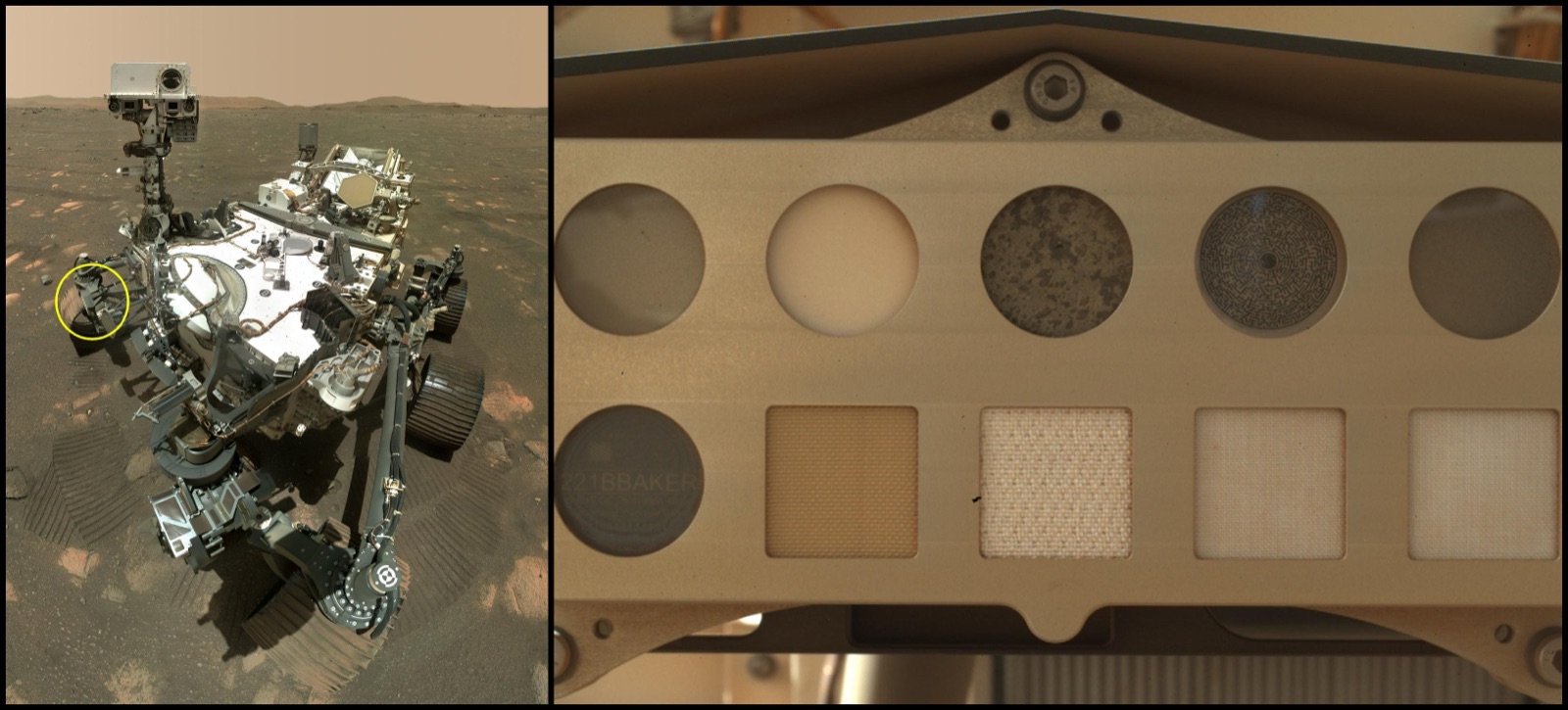 NASA Perseverance SHERLOC calibration target with spacesuit material samples